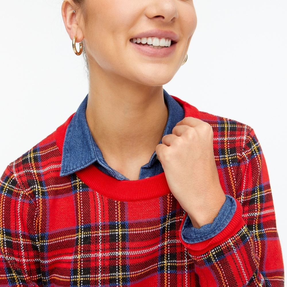New! J Crew sz XS X-Small Red Tartan Plaid Christmas Sweater Cotton NWT - Picture 3 of 13